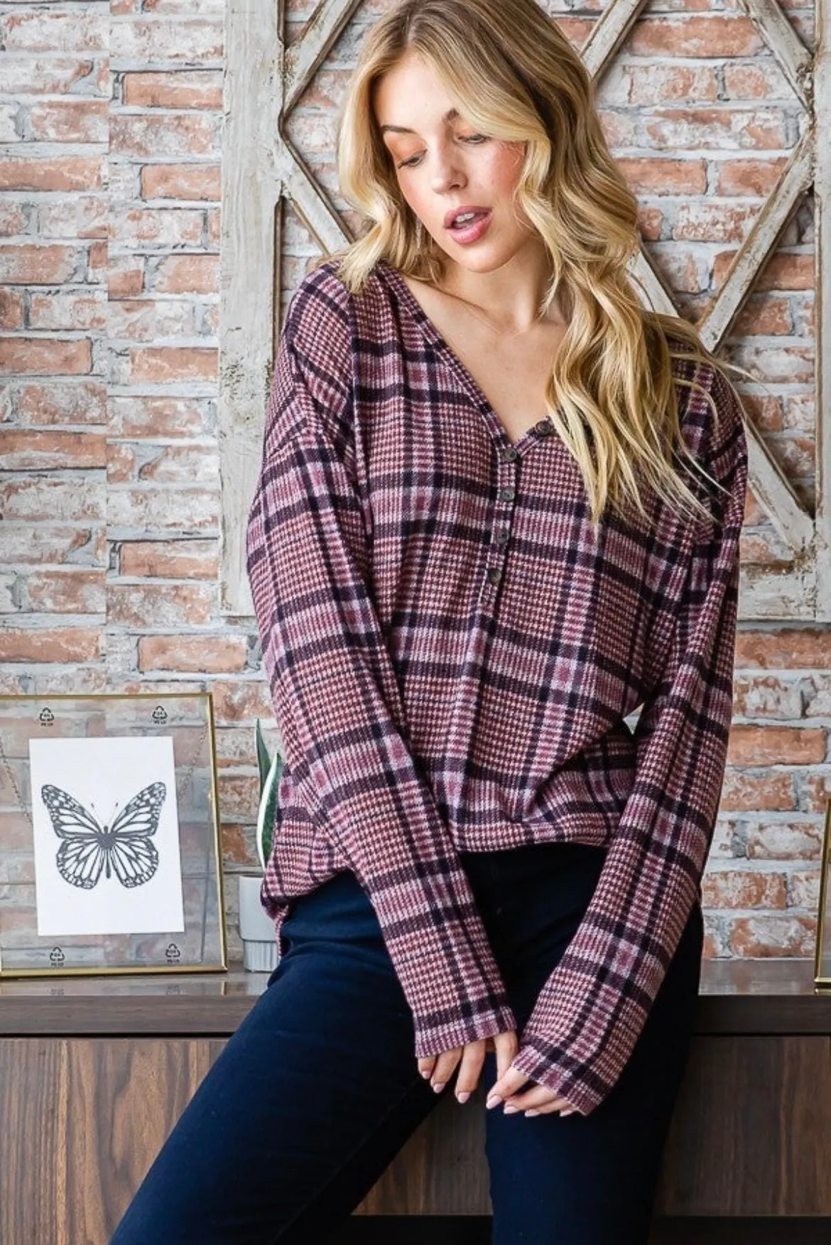 Mauve Plaid Button Up V-neck