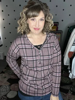 Mauve Plaid Button Up V-neck