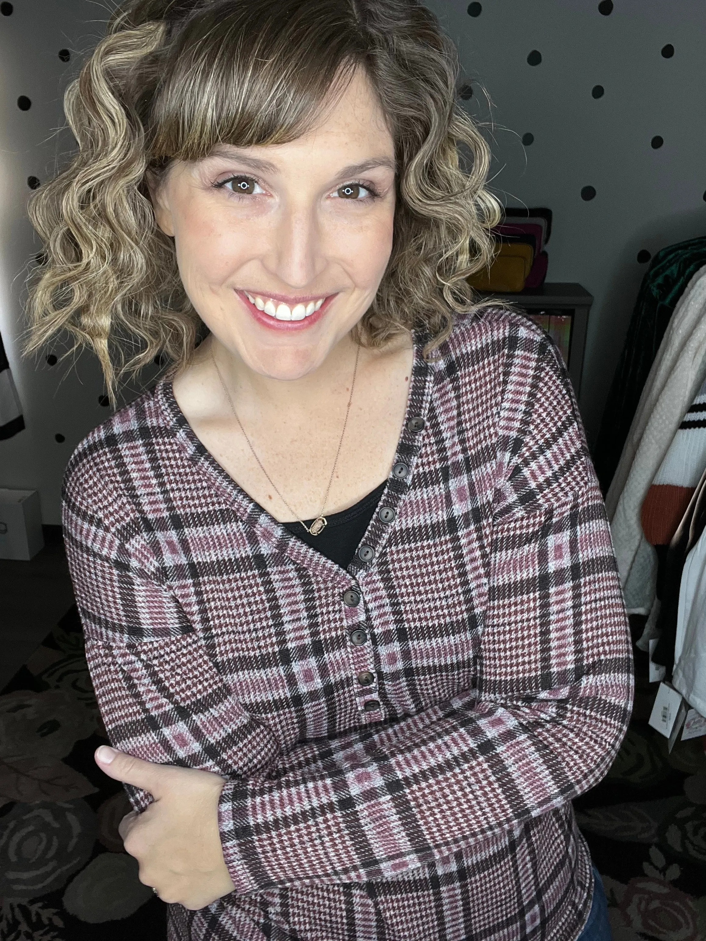 Mauve Plaid Button Up V-neck