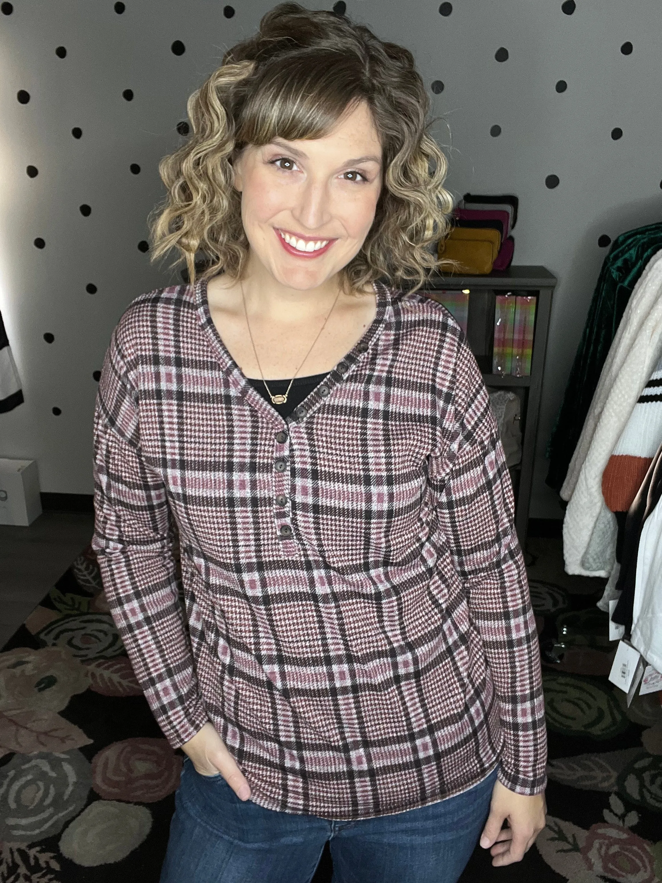 Mauve Plaid Button Up V-neck