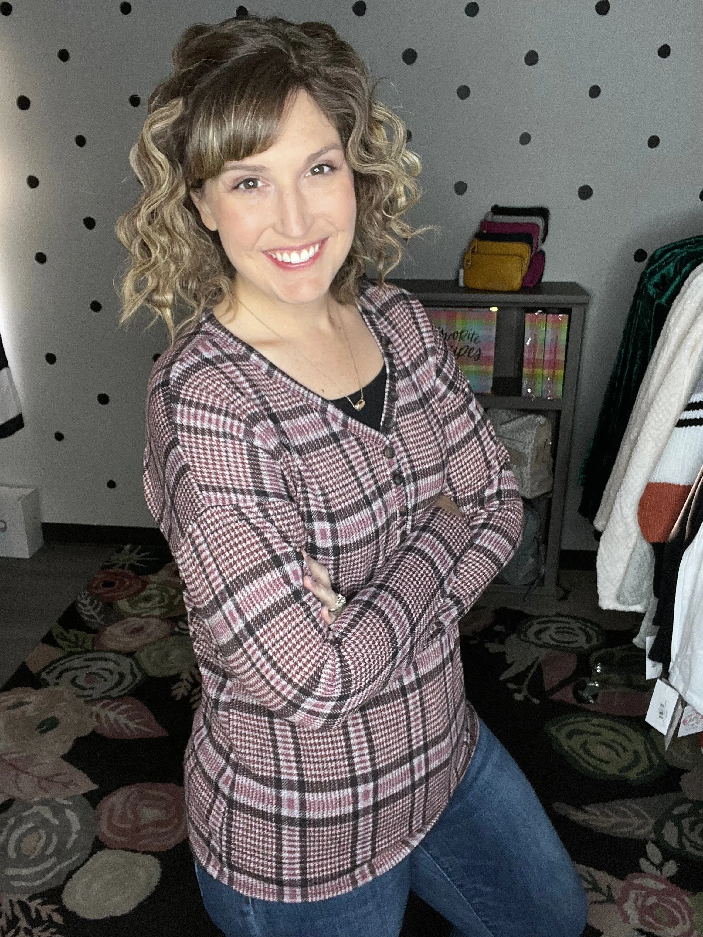 Mauve Plaid Button Up V-neck