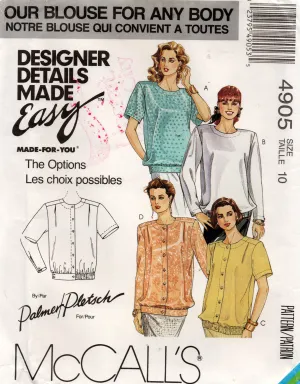 McCall's 4905 PALMER PLETSCH Womens Designer Details Blouse For Any Body 1990s Vintage Sewing Pattern Size 10 UNCUT Factory Folded