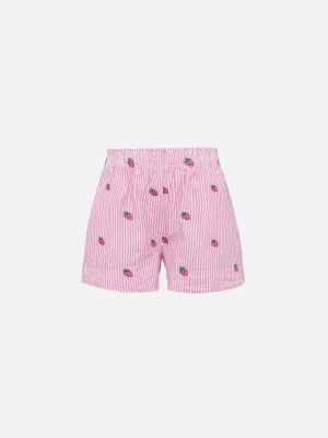 Meave Jr cotton seersucker pull-up shorts with srtrawberry embroidery