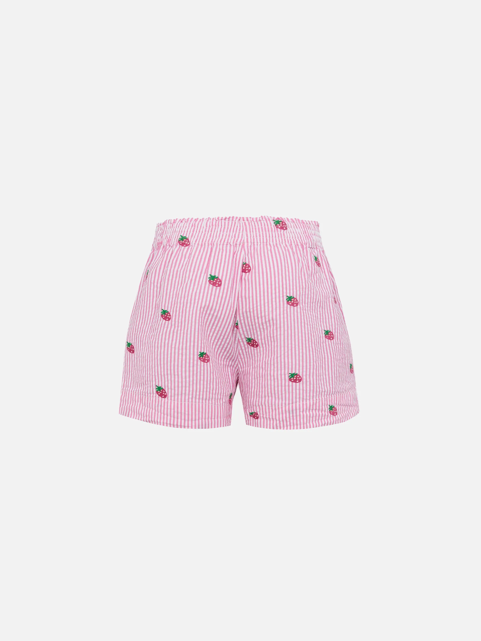 Meave Jr cotton seersucker pull-up shorts with srtrawberry embroidery