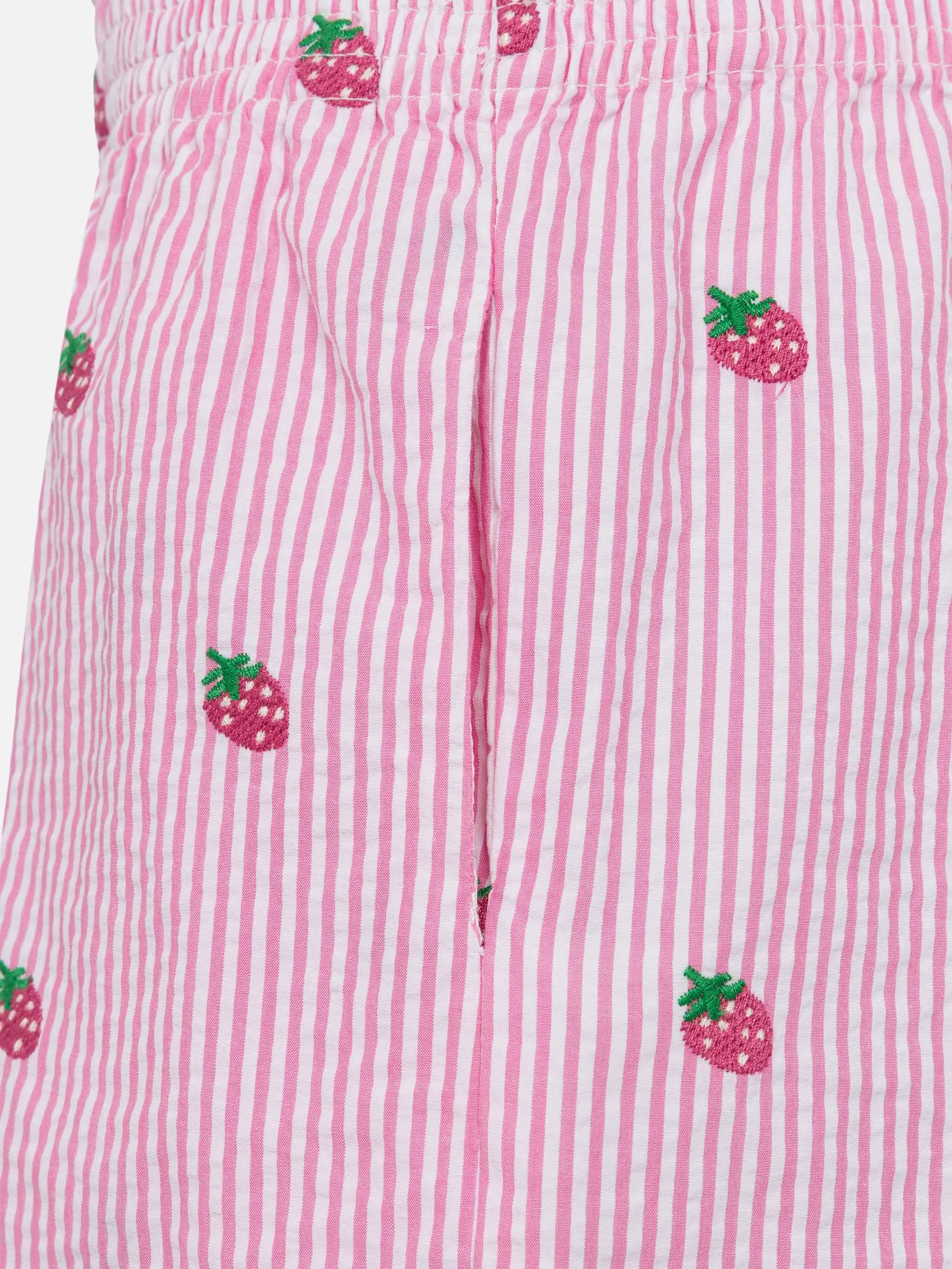 Meave Jr cotton seersucker pull-up shorts with srtrawberry embroidery