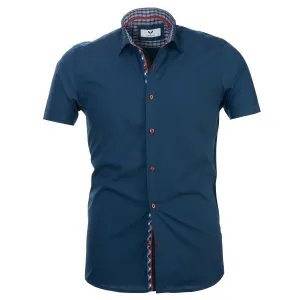 Medium Blue Solid Short Sleeve Button up Shirts for Men - Tailored Slim Fit Cotton Dress Shirts
