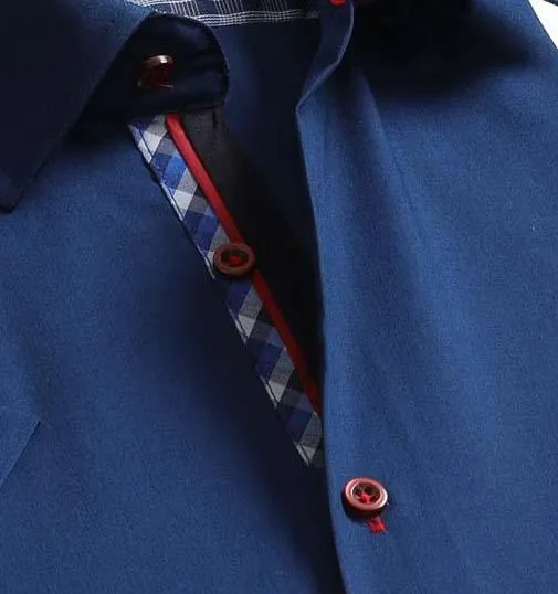 Medium Blue Solid Short Sleeve Button up Shirts for Men - Tailored Slim Fit Cotton Dress Shirts