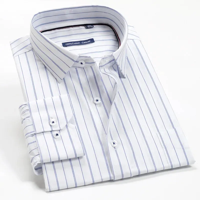men's blue striped shirt Men's loose cotton plaid long sleeve shirt Large