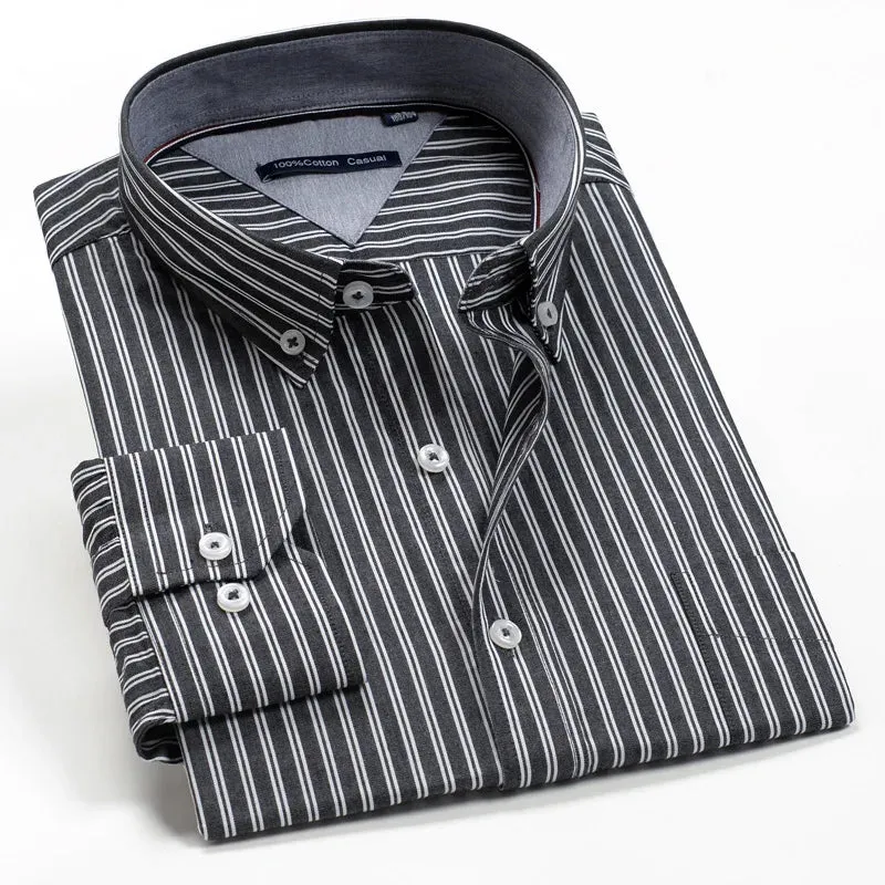 men's blue striped shirt Men's loose cotton plaid long sleeve shirt Large