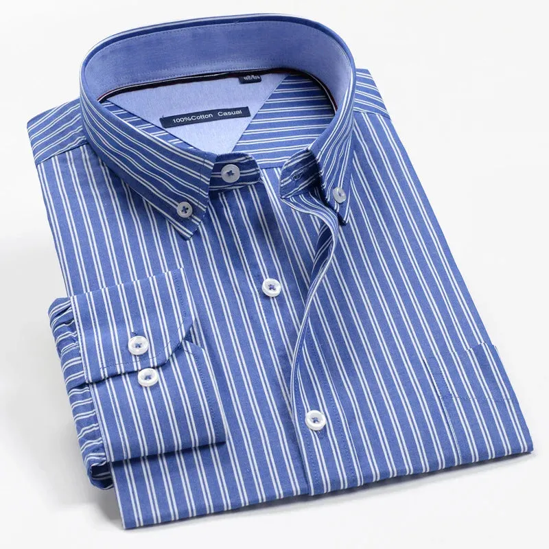 men's blue striped shirt Men's loose cotton plaid long sleeve shirt Large