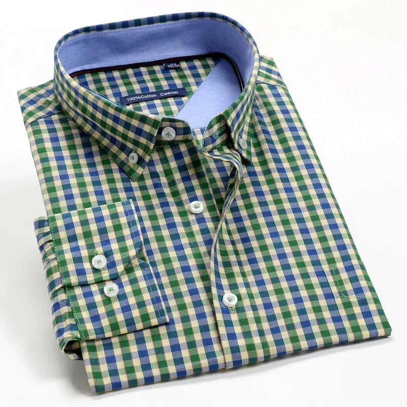 men's blue striped shirt Men's loose cotton plaid long sleeve shirt Large