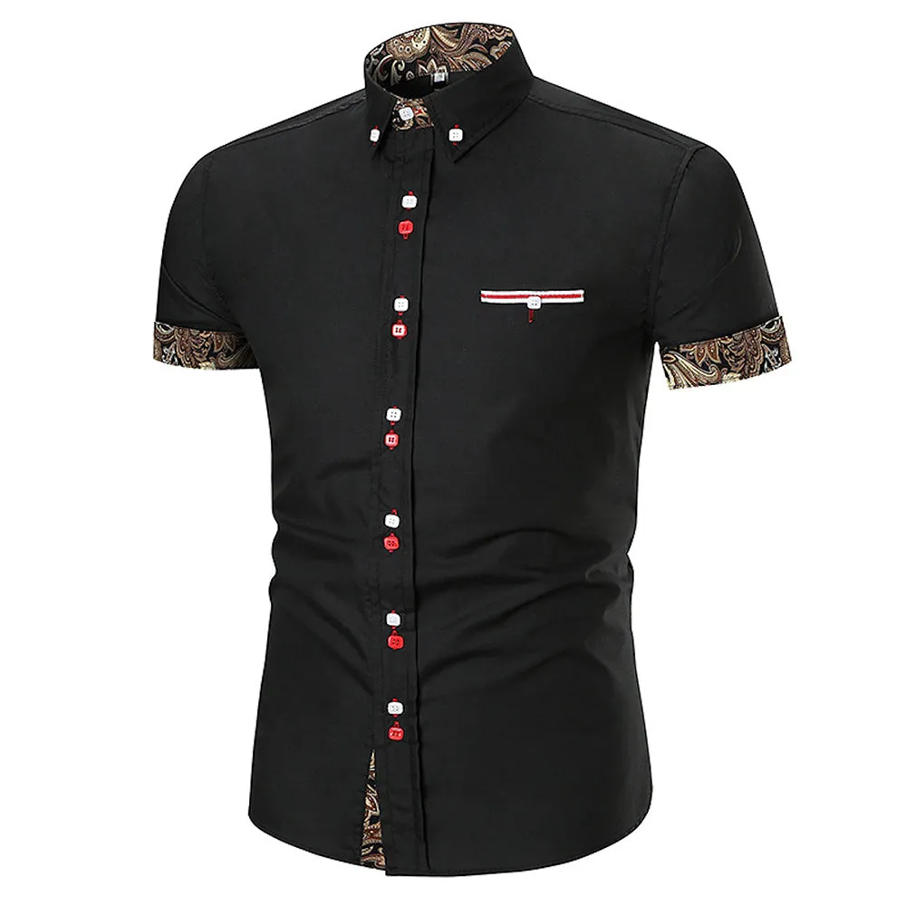 Men's Button down Tailor Fit Soft 100% Cotton Short Sleeve Dress Shirt Black with Black Gold Paisley check casual And Formal