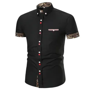 Men's Button down Tailor Fit Soft 100% Cotton Short Sleeve Dress Shirt Black with Black Gold Paisley check casual And Formal
