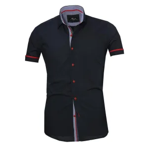Men's Button down Tailor Fit Soft 100% Cotton Short Sleeve Dress Shirt Solid Navy Blue casual And Formal
