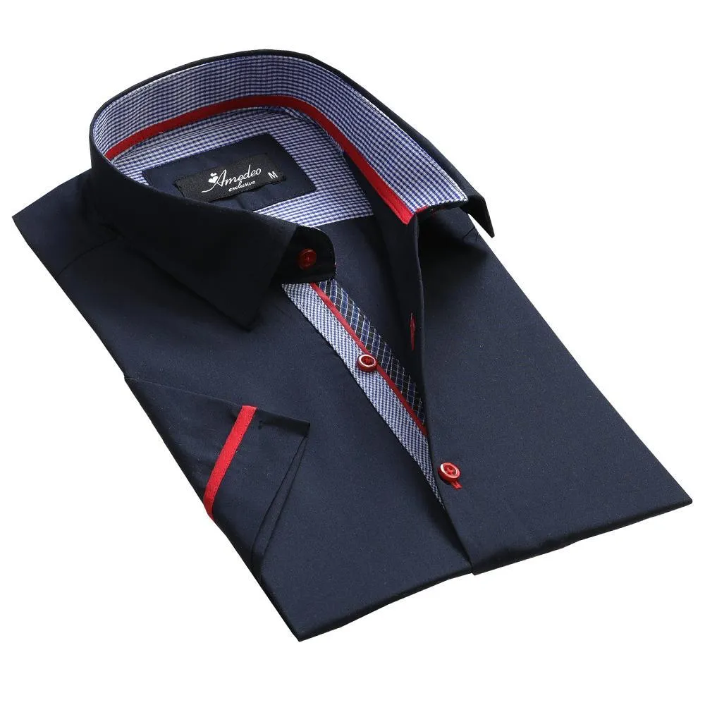 Men's Button down Tailor Fit Soft 100% Cotton Short Sleeve Dress Shirt Solid Navy Blue casual And Formal