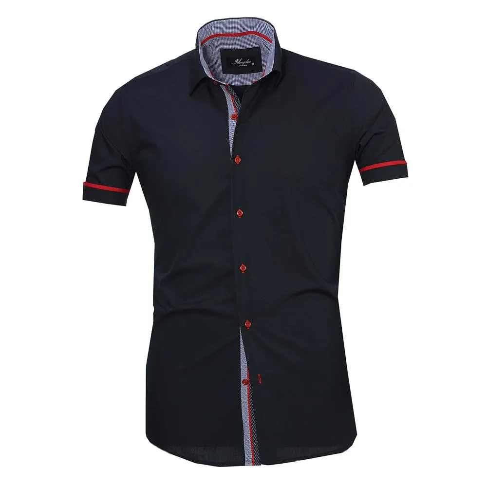 Men's Button down Tailor Fit Soft 100% Cotton Short Sleeve Dress Shirt Solid Navy Blue casual And Formal