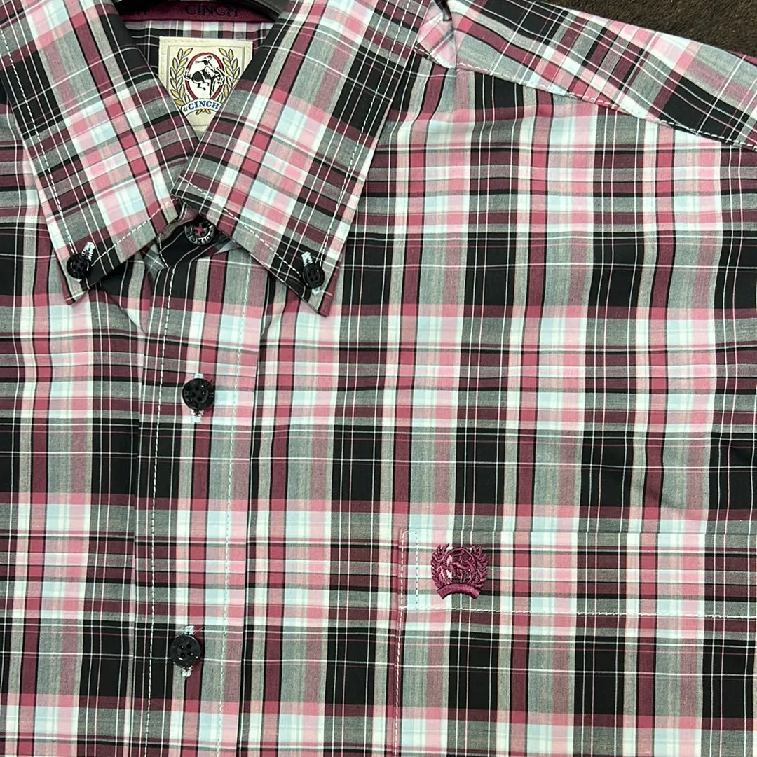 Men’s Cinch Dark Pink Plaid SS Button Up