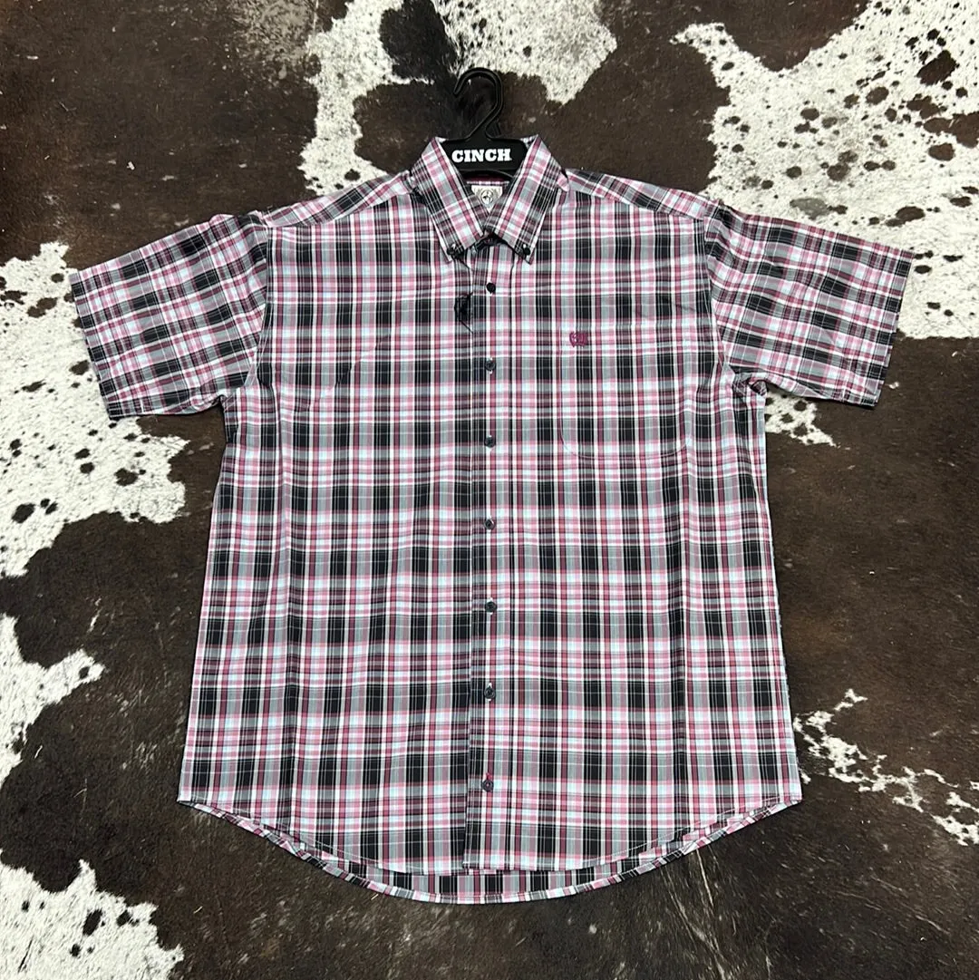 Men’s Cinch Dark Pink Plaid SS Button Up