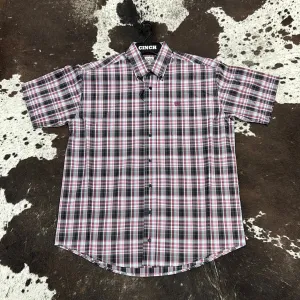 Men’s Cinch Dark Pink Plaid SS Button Up