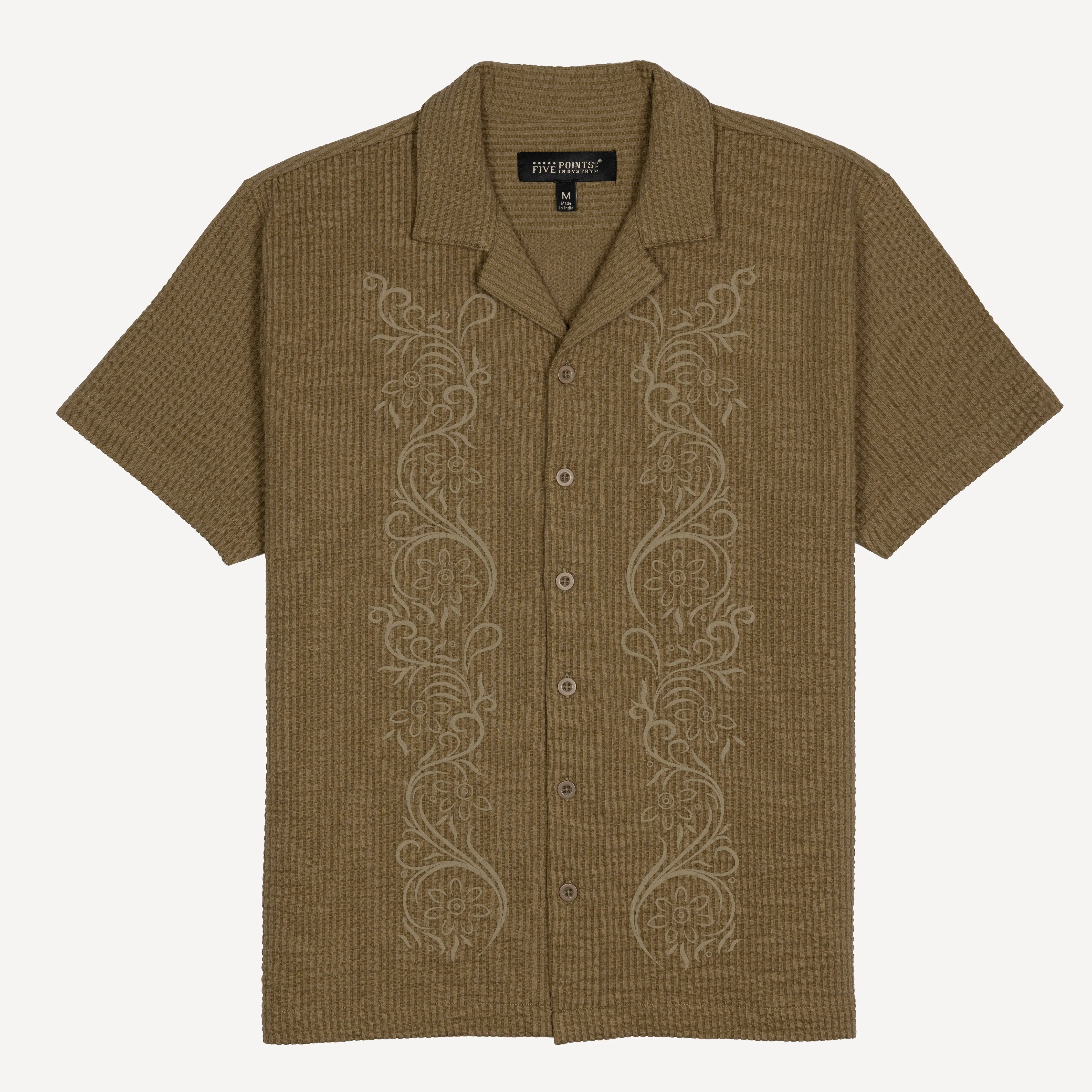 Mens Cool Knit Seersucker Puff Print Camp Shirt - Elmwood / Scroll Floral