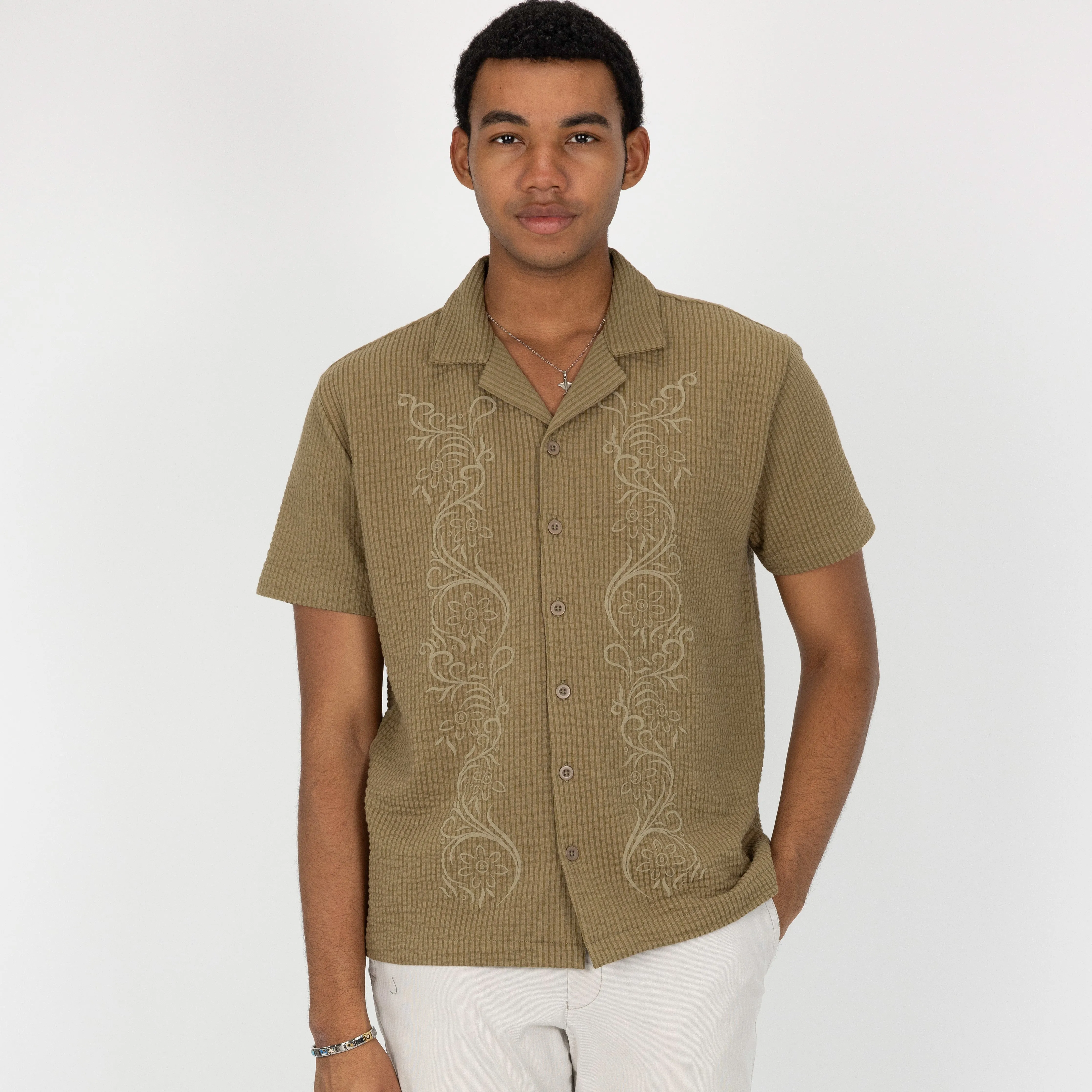 Mens Cool Knit Seersucker Puff Print Camp Shirt - Elmwood / Scroll Floral