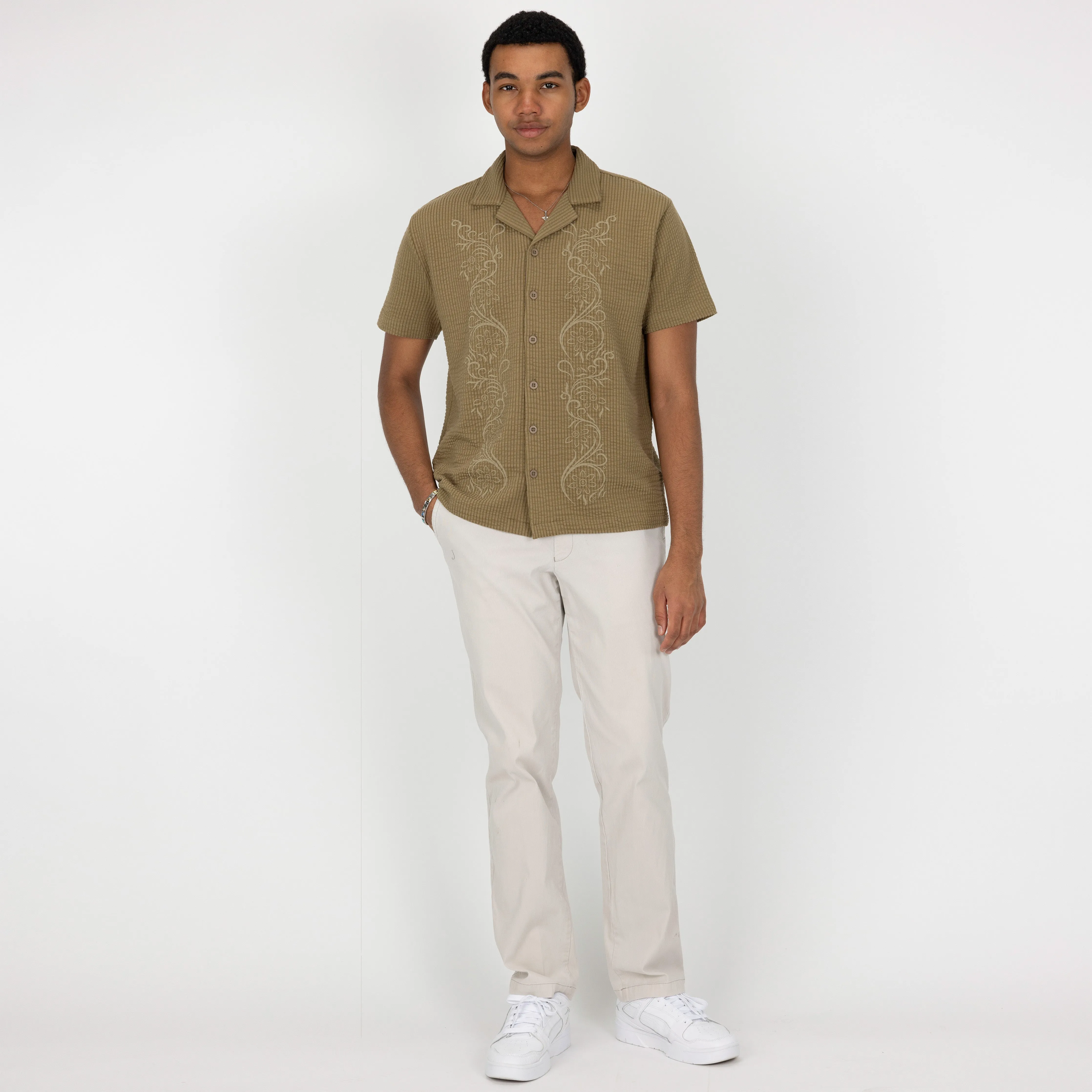 Mens Cool Knit Seersucker Puff Print Camp Shirt - Elmwood / Scroll Floral