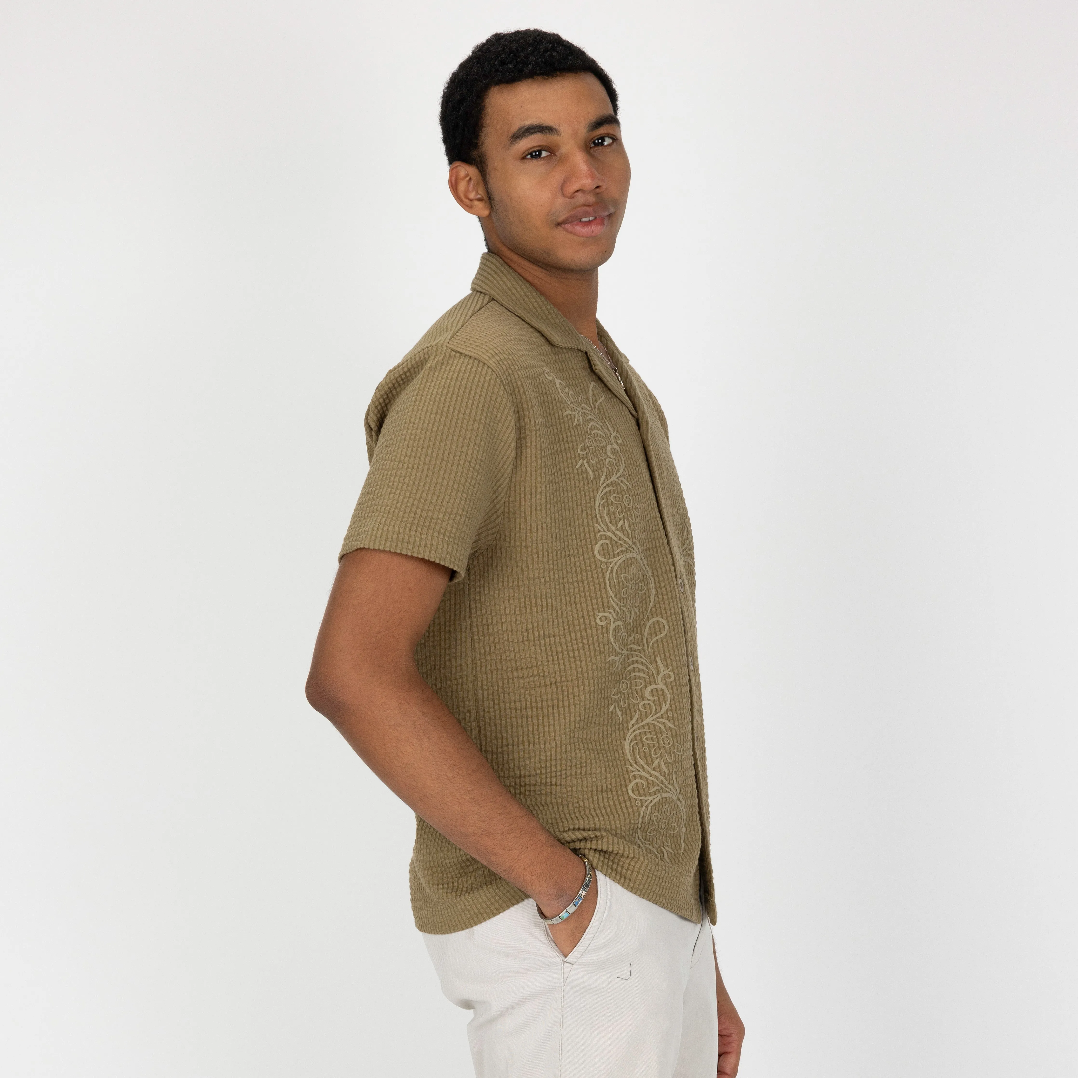 Mens Cool Knit Seersucker Puff Print Camp Shirt - Elmwood / Scroll Floral