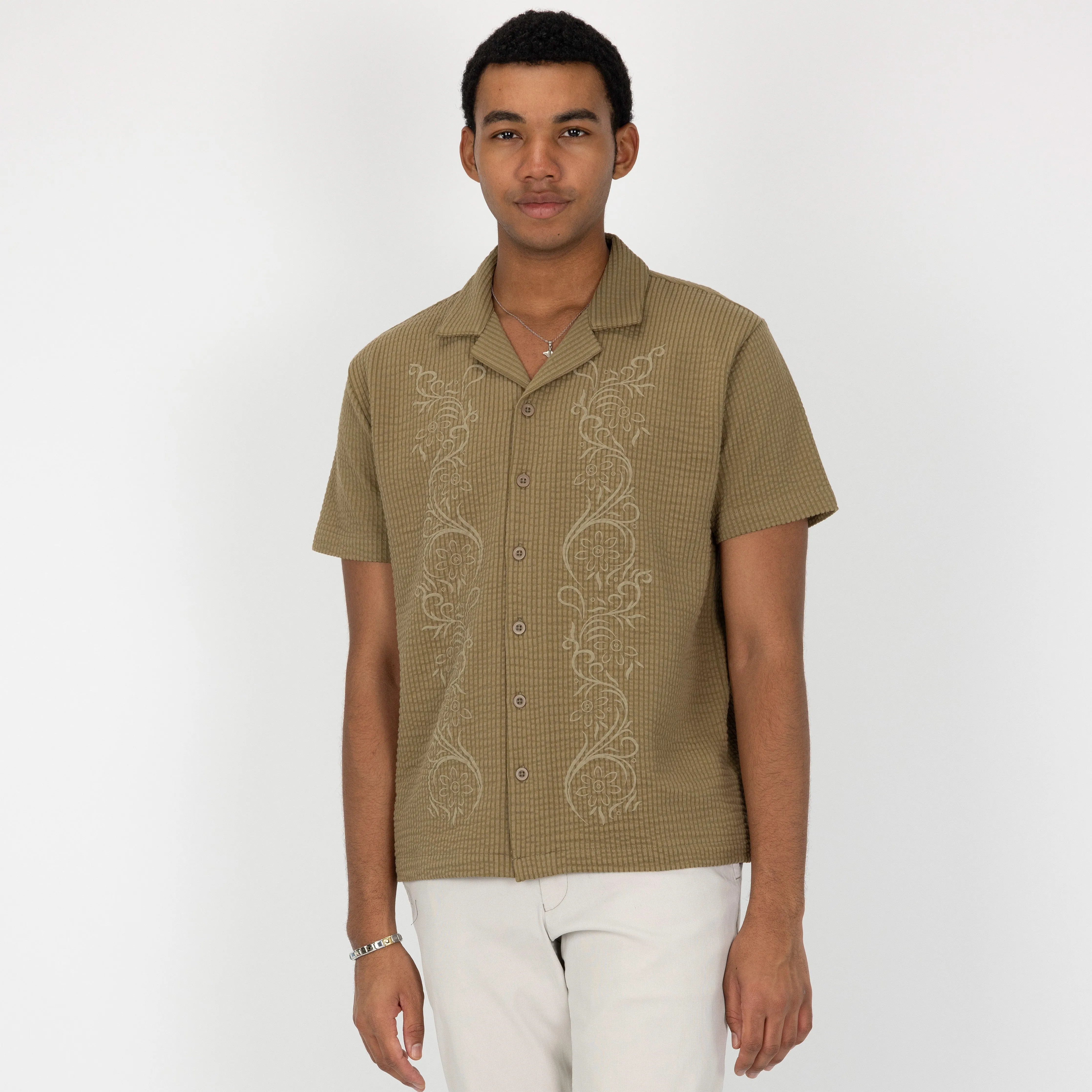 Mens Cool Knit Seersucker Puff Print Camp Shirt - Elmwood / Scroll Floral