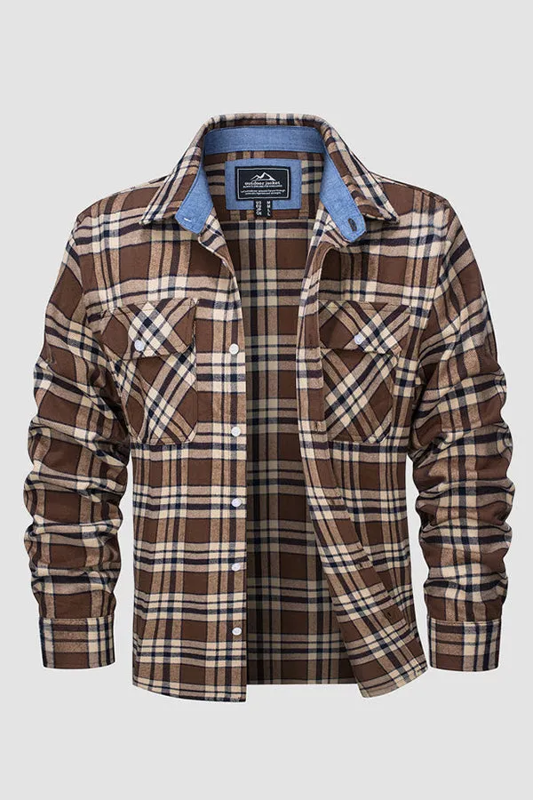Men's Cotton Flannel Shirts Long Sleeve Casual Button Down Plaid Fleece Shirts 2 Pockets