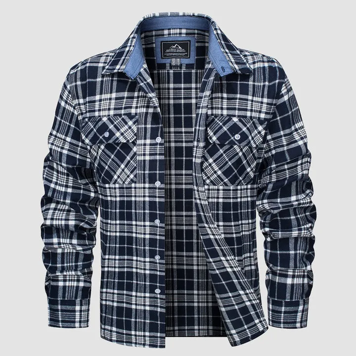 Men's Cotton Flannel Shirts Long Sleeve Casual Button Down Plaid Fleece Shirts 2 Pockets