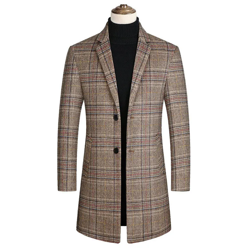 Men's Mid Length Plaid Wool Blend Overcoat