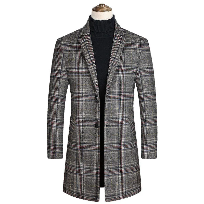 Men's Mid Length Plaid Wool Blend Overcoat