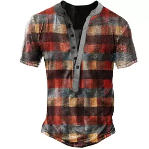 Men's Plaid Henley Short Sleeve T-Shirt