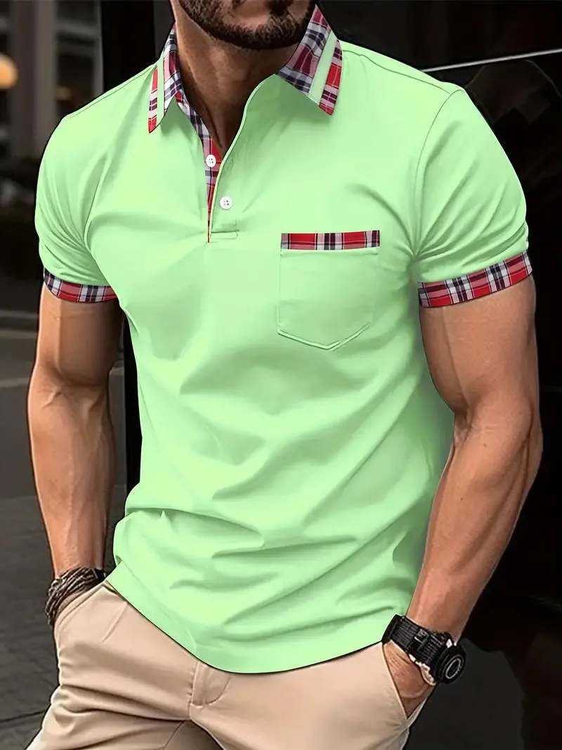Men’s Polo Shirt - Plaid Collar & Sleeve Trim - Short Sleeve - Buttoned Placket - Chest Pocket