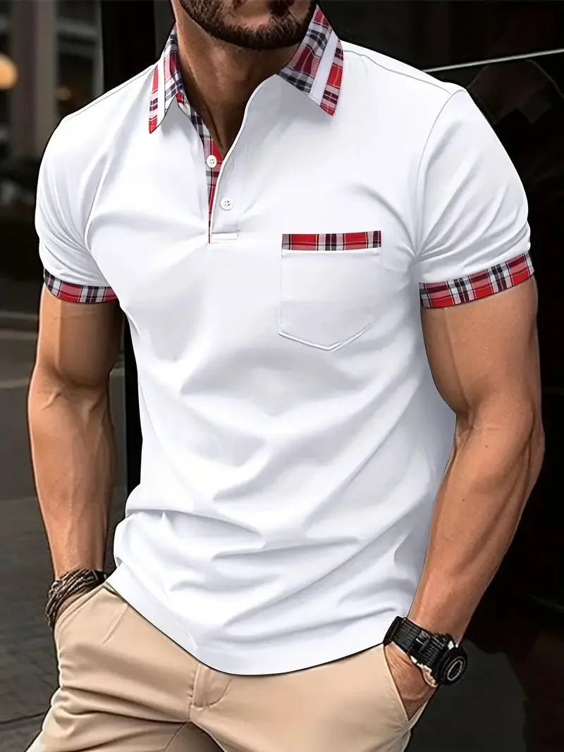 Men’s Polo Shirt - Plaid Collar & Sleeve Trim - Short Sleeve - Buttoned Placket - Chest Pocket