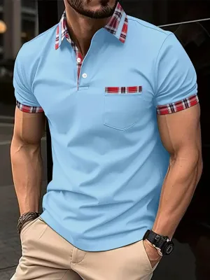 Men’s Polo Shirt - Plaid Collar & Sleeve Trim - Short Sleeve - Buttoned Placket - Chest Pocket