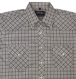 Men's Western Shirt: White Horse Short Sleeve Plaid Black Tan
