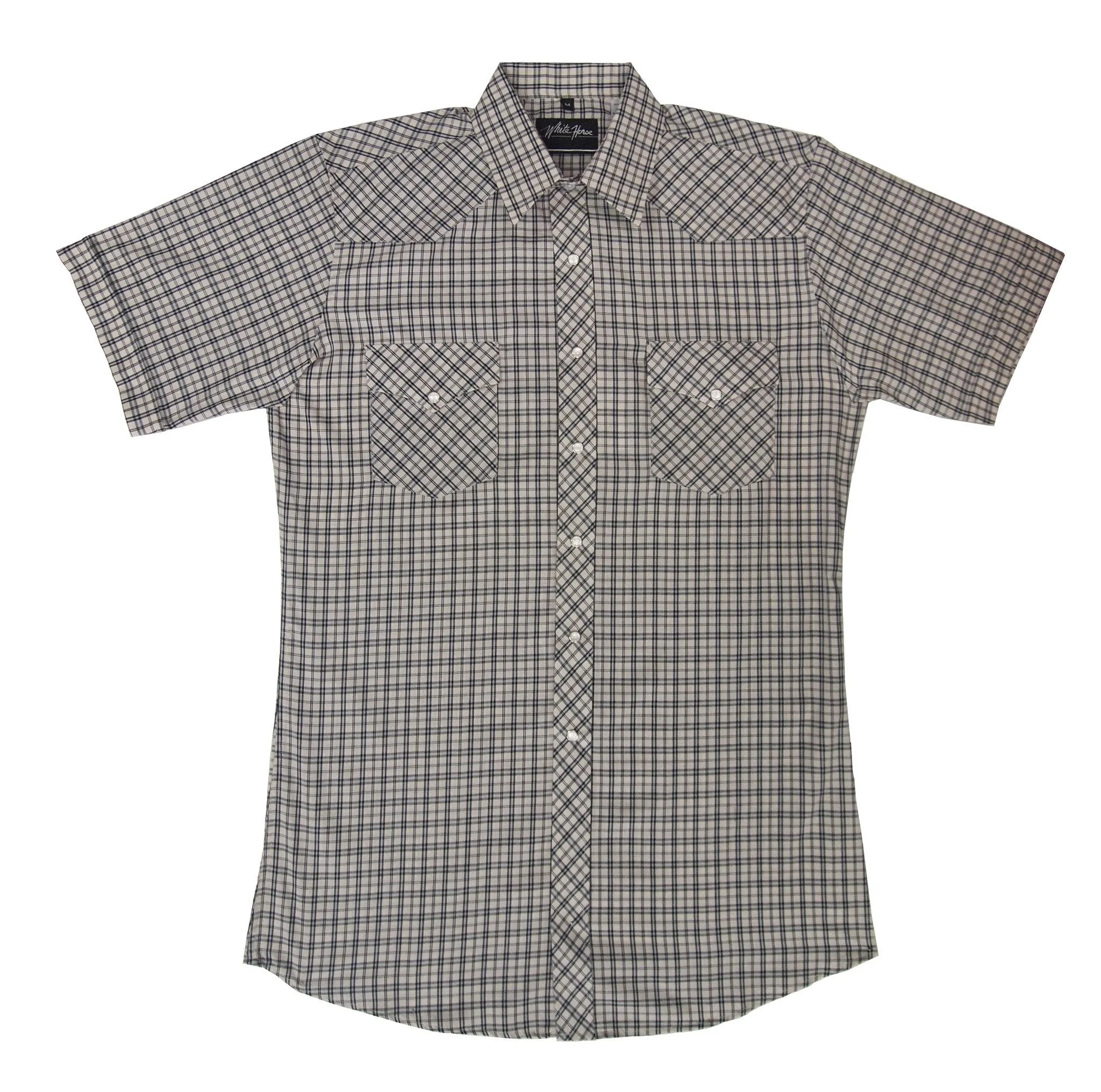 Men's Western Shirt: White Horse Short Sleeve Plaid Black Tan