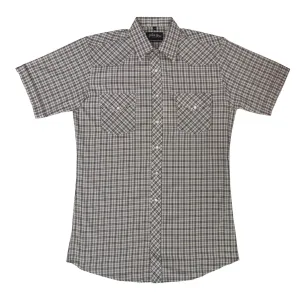 Men's Western Shirt: White Horse Short Sleeve Plaid Black Tan