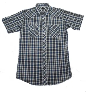 Men's Western Shirt: White Horse Short Sleeve Plaid Blue Black