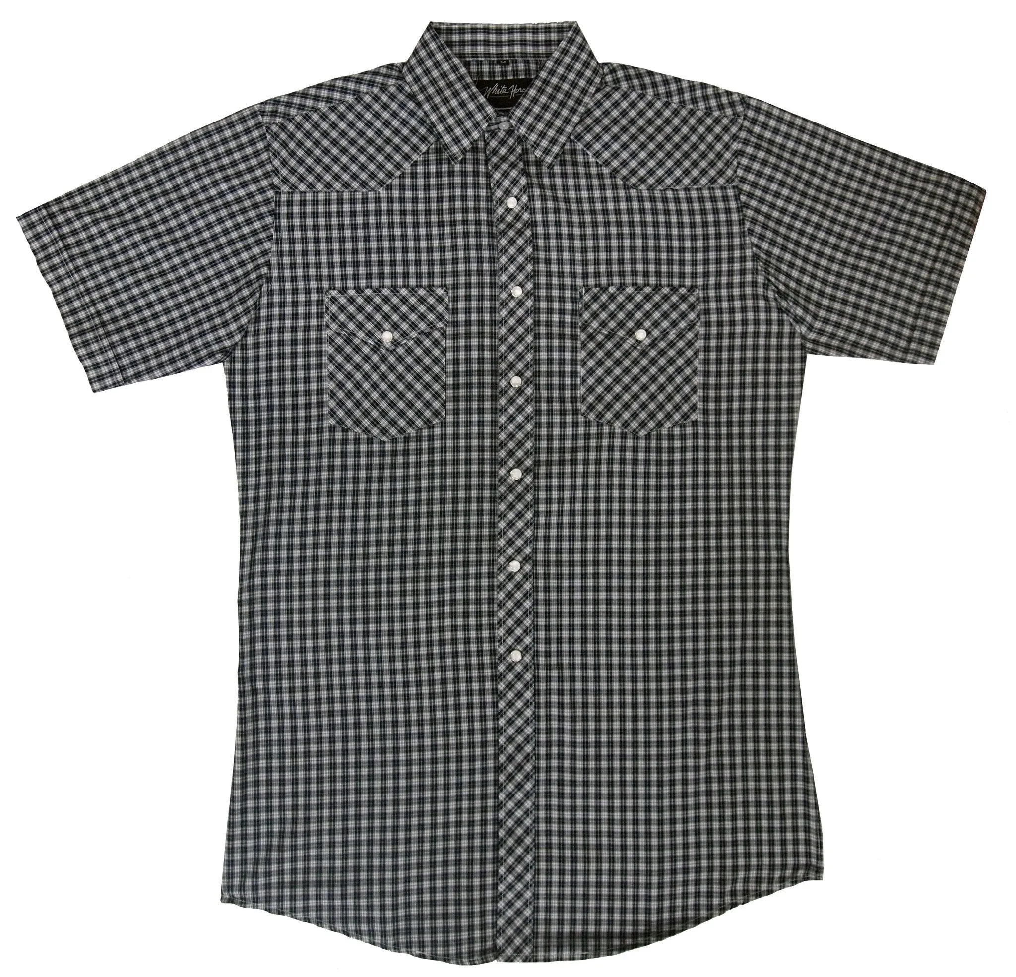 Men's Western Shirt: White Horse Short Sleeve Plaid Navy White