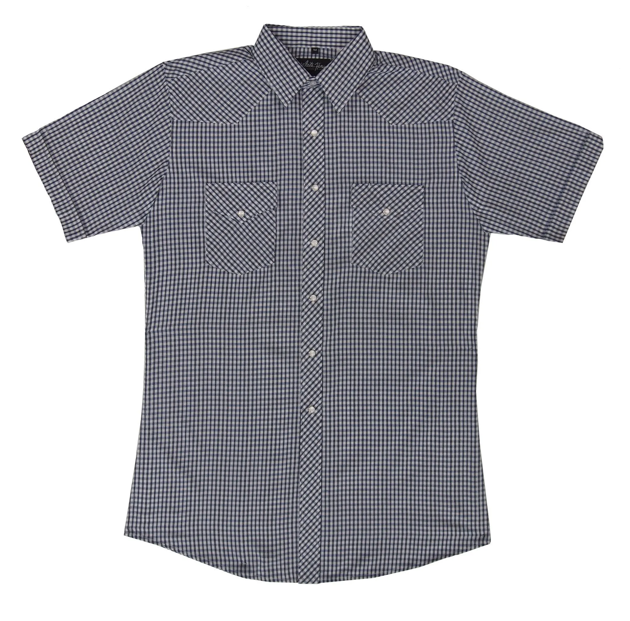 Men's Western Shirt: White Horse Short Sleeve Plaid White Blue Black