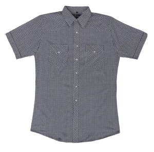 Men's Western Shirt: White Horse Short Sleeve Plaid White Blue Black
