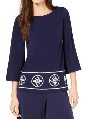 Michael Michael Kors Boat-Neck Studded Navy Top, X-Large