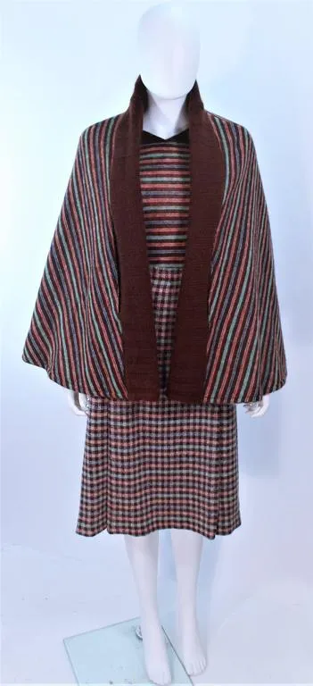 MISSONI Brown and Stripe Plaid Wool Ensemble with Cape Size 10