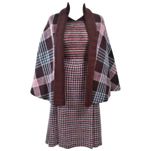 MISSONI Brown and Stripe Plaid Wool Ensemble with Cape Size 10