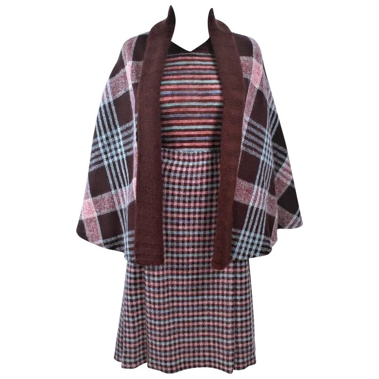 MISSONI Brown and Stripe Plaid Wool Ensemble with Cape Size 10