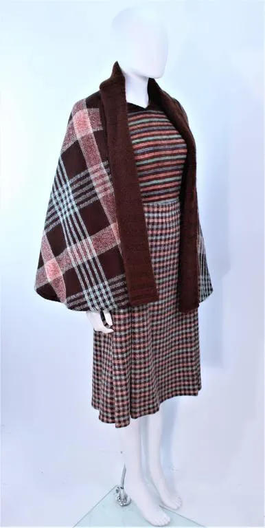 MISSONI Brown and Stripe Plaid Wool Ensemble with Cape Size 10