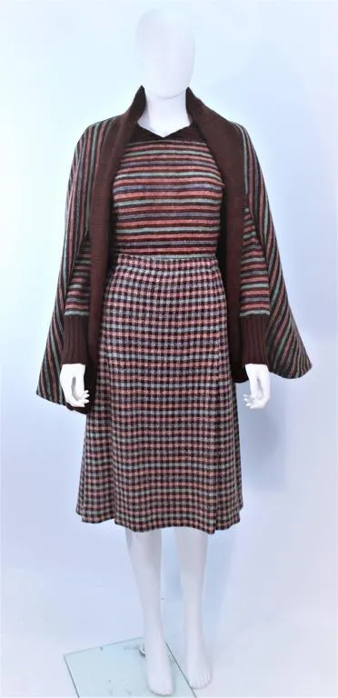 MISSONI Brown and Stripe Plaid Wool Ensemble with Cape Size 10