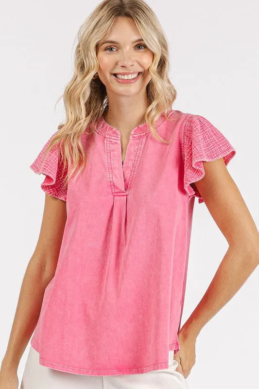Mittoshop Mix Media Ruffle Short Sleeve Mineral Wash Top